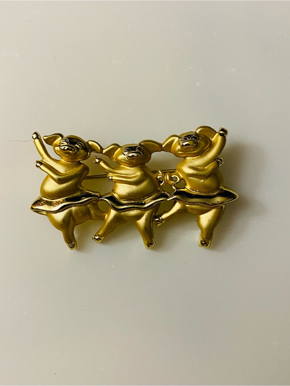 Gold-tone Dancing Pig Brooch - Triple Piglet Ballet Pin